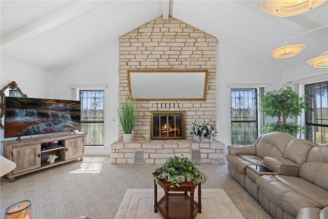 carpeted living room featuring beam ceiling, a brick fireplace, and high vaulted ceiling