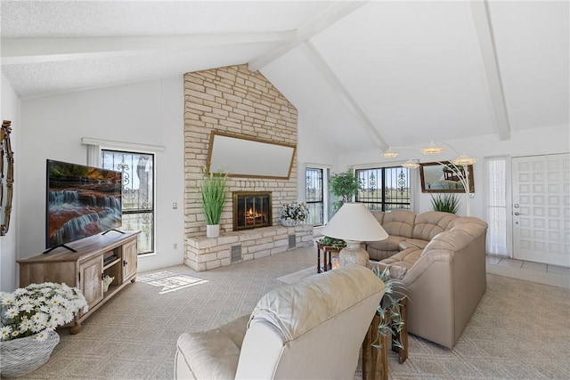 carpeted living room with beam ceiling, a brick fireplace, visible vents, and high vaulted ceiling