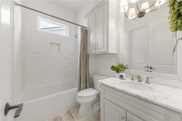 4231 Villaggio Ct, Bryan, TX 77802 - bathroom with vanity, shower / bathtub combination with curtain, a chandelier, and tile patterned floors