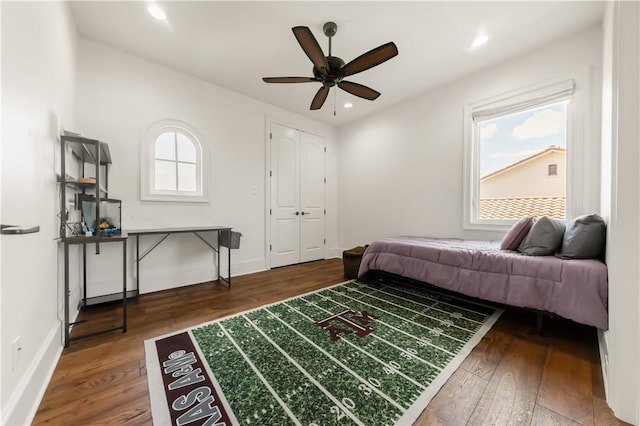 4231 Villaggio Ct, Bryan, TX 77802 - bedroom with wood finished floors, recessed lighting, and ceiling fan