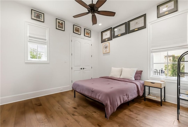4231 Villaggio Ct, Bryan, TX 77802 - bedroom with hardwood / wood-style floors, recessed lighting, and a ceiling fan