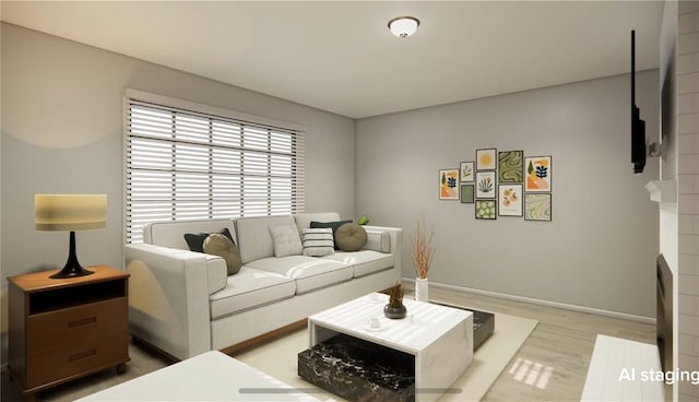 living area with baseboards and wood finished floors