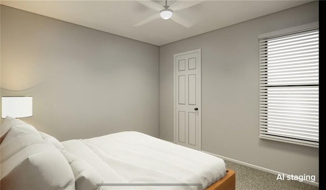 carpeted bedroom featuring a ceiling fan and baseboards
