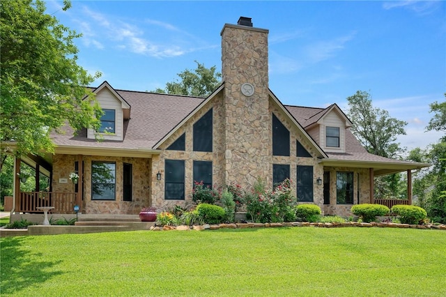 view of front of house with a porch, a chimney, a front yard, and stone siding