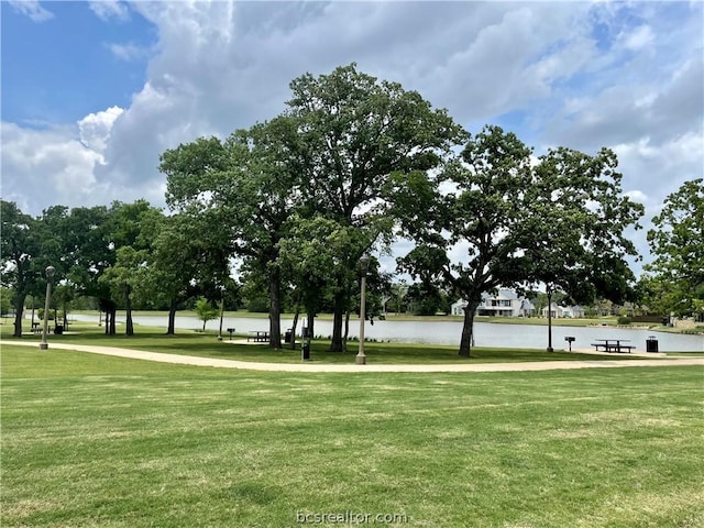 view of home's community with a yard and a water view