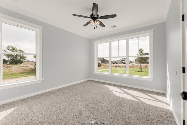 carpeted empty room with ceiling fan and ornamental molding