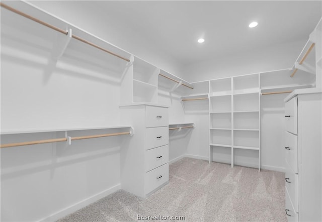 walk in closet featuring light colored carpet