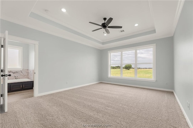 unfurnished room with light carpet, a raised ceiling, ceiling fan, and crown molding