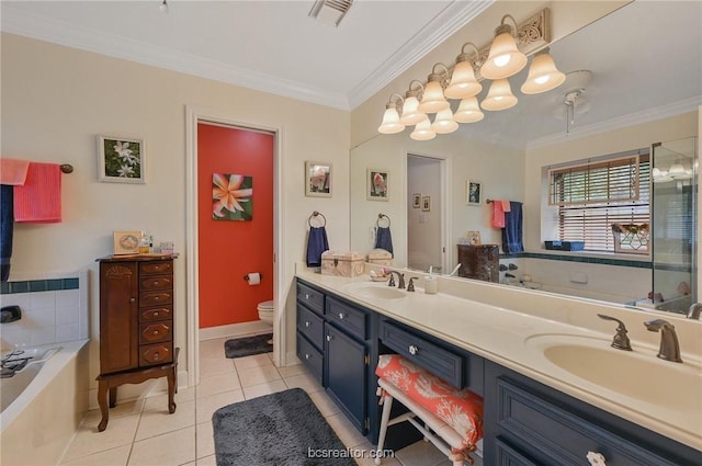 bathroom with a bath, tile patterned floors, crown molding, toilet, and vanity