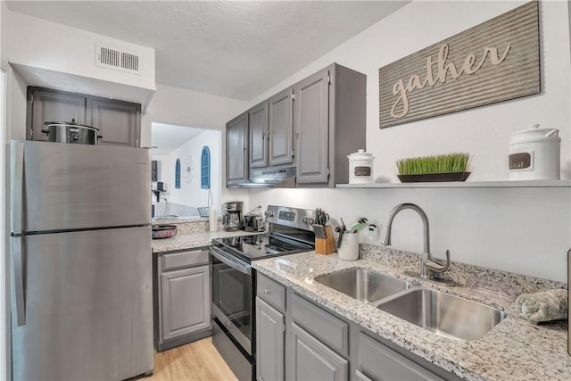 kitchen featuring stainless steel appliances, a sink, visible vents, gray cabinets, and under cabinet range hood