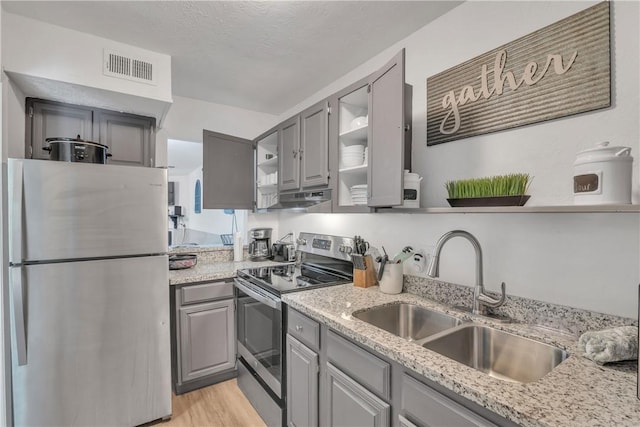 kitchen featuring a sink, gray cabinets, appliances with stainless steel finishes, under cabinet range hood, and visible vents