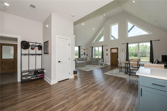 9159 Fm 1362 N, Caldwell, TX 77836 - foyer entrance featuring dark wood-type flooring, recessed lighting, and high vaulted ceiling
