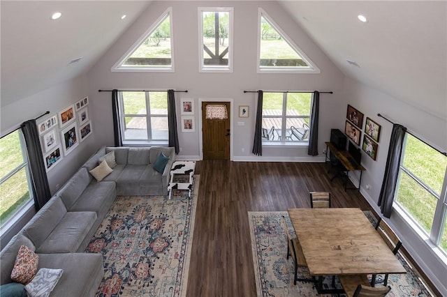 9159 Fm 1362 N, Caldwell, TX 77836 - living area with high vaulted ceiling, healthy amount of natural light, dark wood-style flooring, and recessed lighting