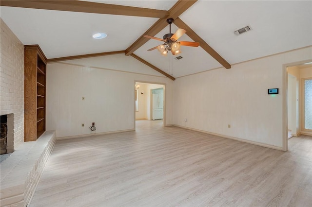 1905 Nueces Dr, College Station, TX 77840 - unfurnished living room featuring light wood finished floors, ceiling fan, and a brick fireplace
