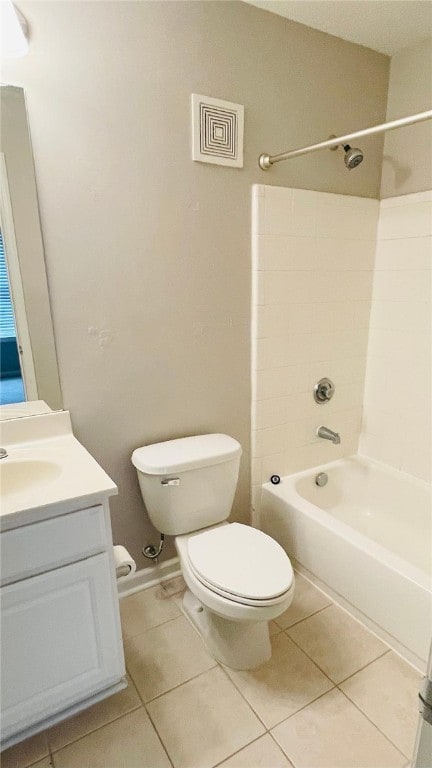 bathroom with toilet, shower / bathtub combination, vanity, and tile patterned floors