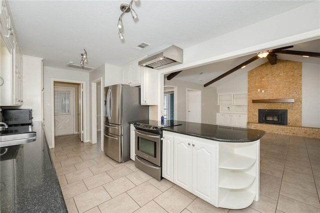 kitchen with open shelves, white cabinetry, stainless steel appliances, and a sink