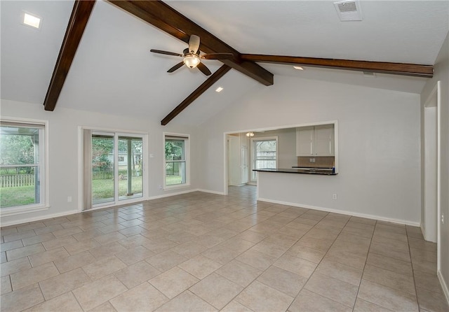 unfurnished living room featuring ceiling fan, beamed ceiling, visible vents, and baseboards