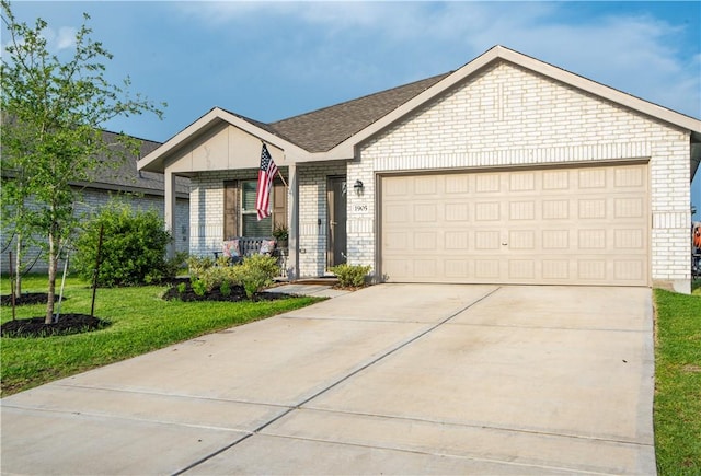 ranch-style house featuring concrete driveway, brick siding, a porch, a front lawn, and a garage