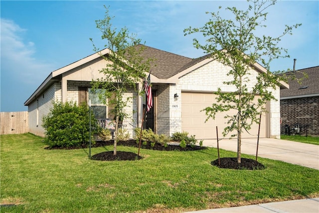 single story home featuring a front lawn, a garage, brick siding, concrete driveway, and fence