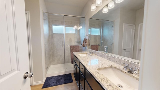 bathroom featuring hardwood / wood-style flooring, vanity, and a shower with door