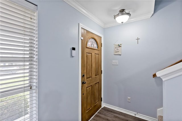 foyer entrance featuring baseboards, dark wood-style floors, and crown molding