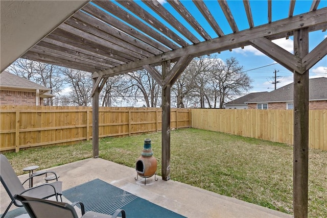 view of patio / terrace featuring a pergola and a fenced backyard