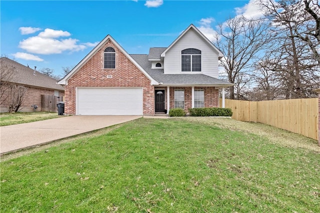 traditional home with fence, a garage, concrete driveway, brick siding, and a front yard