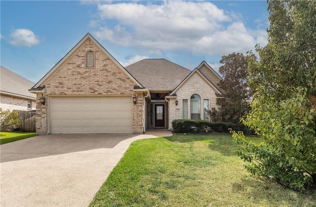 view of front of house with a garage and a front lawn