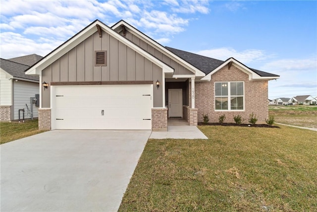 craftsman house with a front yard and a garage