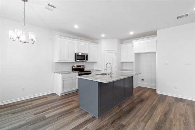 kitchen featuring sink, a center island with sink, white cabinets, and appliances with stainless steel finishes