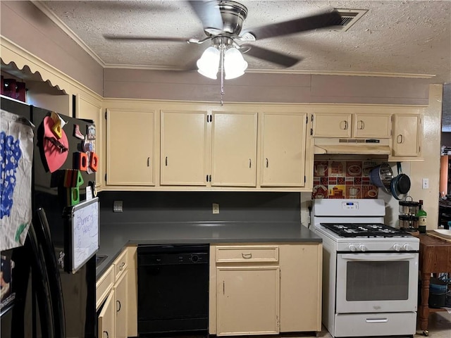 kitchen featuring black appliances, ceiling fan, and cream cabinets