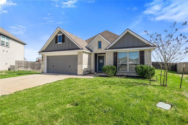 craftsman house featuring concrete driveway, brick siding, board and batten siding, and cooling unit