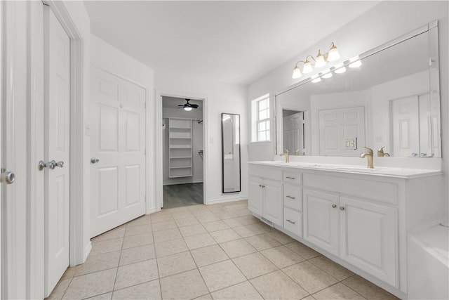 bathroom with vanity, tile patterned floors, and ceiling fan