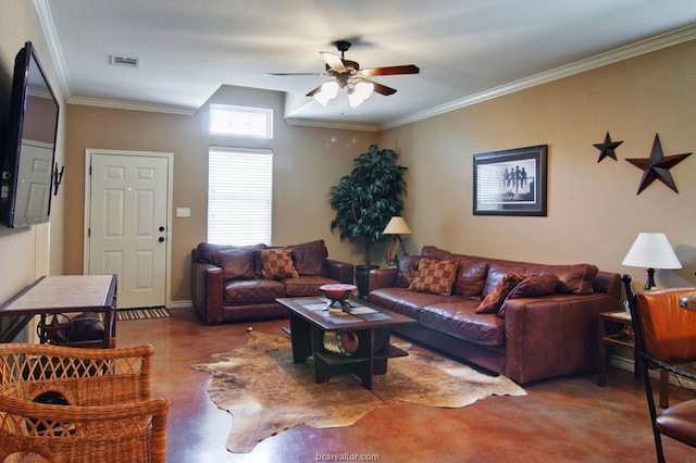 living room featuring crown molding and ceiling fan