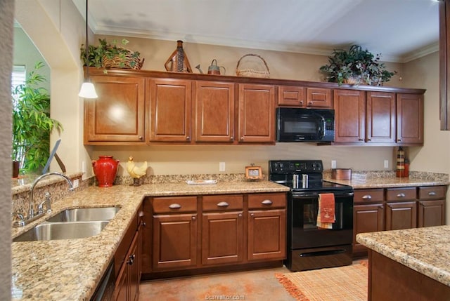 kitchen with sink, crown molding, light stone counters, black appliances, and decorative light fixtures