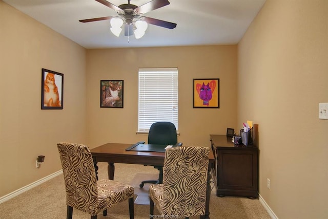 carpeted office with ceiling fan