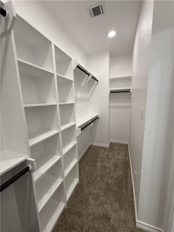 walk in closet with dark colored carpet