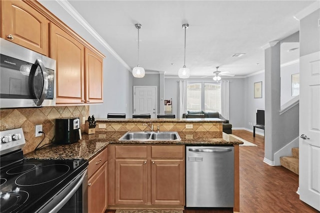kitchen featuring a sink, ornamental molding, a peninsula, stainless steel appliances, and backsplash
