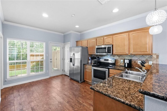 kitchen featuring backsplash, dark wood-type flooring, stainless steel appliances, pendant lighting, and a sink