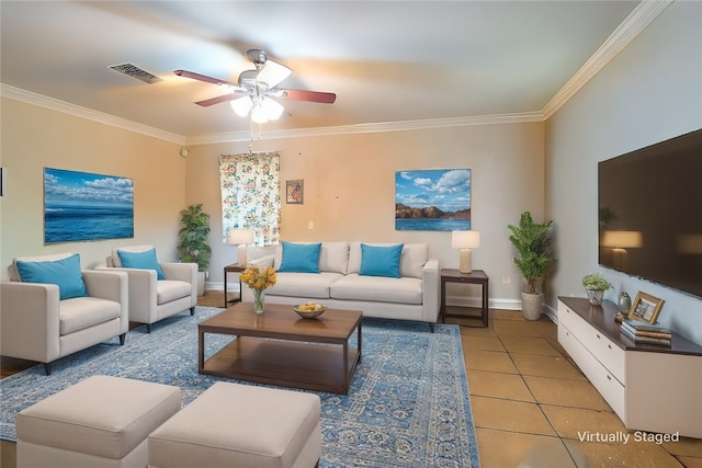 tiled living room with crown molding and ceiling fan