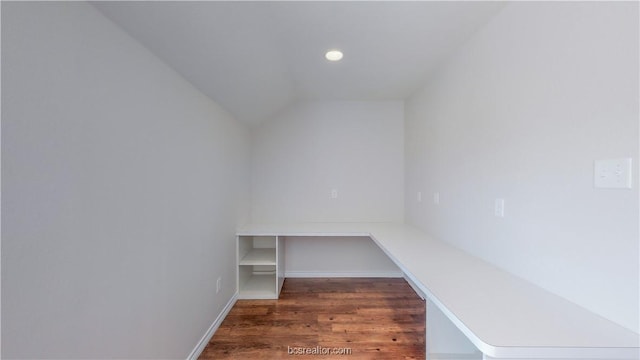 2487 Horse Shoe Dr, College Station, TX 77845 - unfurnished office with wood finished floors, lofted ceiling, recessed lighting, and baseboards
