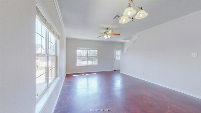 2487 Horse Shoe Dr, College Station, TX 77845 - unfurnished room with ornamental molding, baseboards, ceiling fan, and finished concrete floors