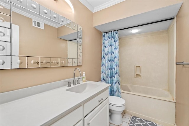 87 Tonkawa Dr, Normangee, TX 77871 - full bath featuring toilet, ornamental molding, shower / bath combo, vanity, and tile patterned floors