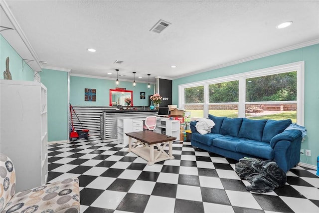 87 Tonkawa Dr, Normangee, TX 77871 - living area featuring tile patterned floors, recessed lighting, and crown molding