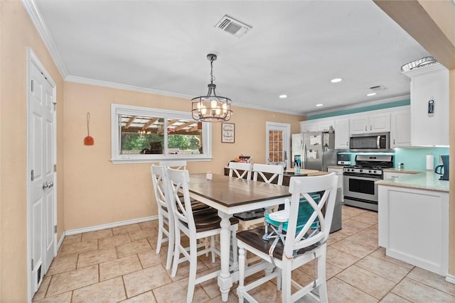 87 Tonkawa Dr, Normangee, TX 77871 - dining space with crown molding, a chandelier, baseboards, and recessed lighting