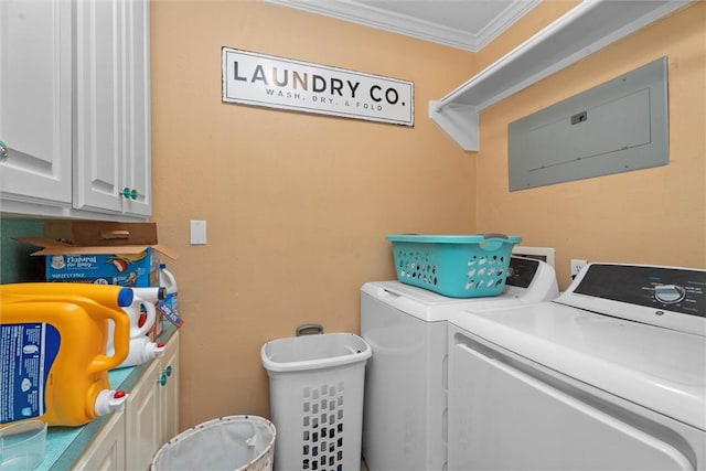 87 Tonkawa Dr, Normangee, TX 77871 - washroom featuring independent washer and dryer, cabinet space, crown molding, and electric panel