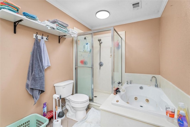 87 Tonkawa Dr, Normangee, TX 77871 - bathroom with toilet, a whirlpool tub, a shower stall, ornamental molding, and tile patterned flooring