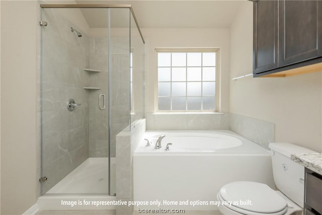 full bathroom featuring vanity, toilet, and independent shower and bath