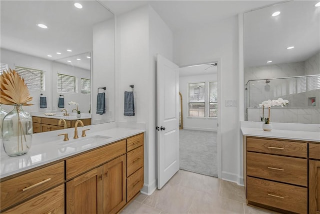 3576 Chantilly Path, Bryan, TX 77808 - bathroom featuring vanity, a stall shower, recessed lighting, and ceiling fan