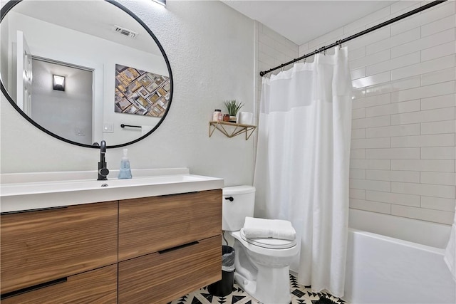 full bathroom with toilet, visible vents, shower / bath combination with curtain, and vanity